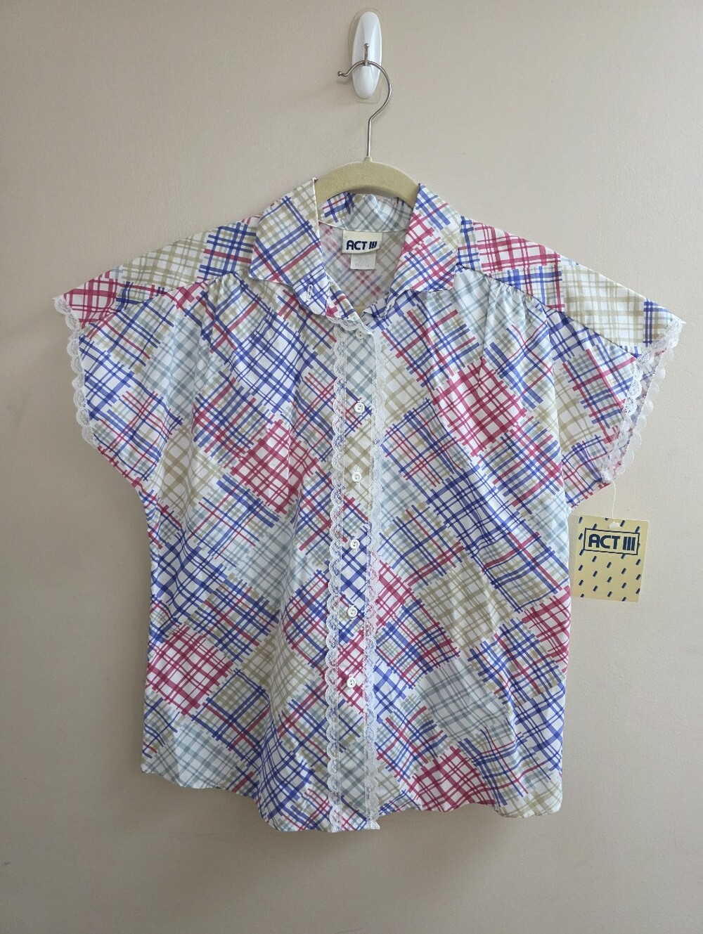 NWT Vintage ACT III Button Up Short Sleeve Blouse Top Sz 10 Patchwork Plaid